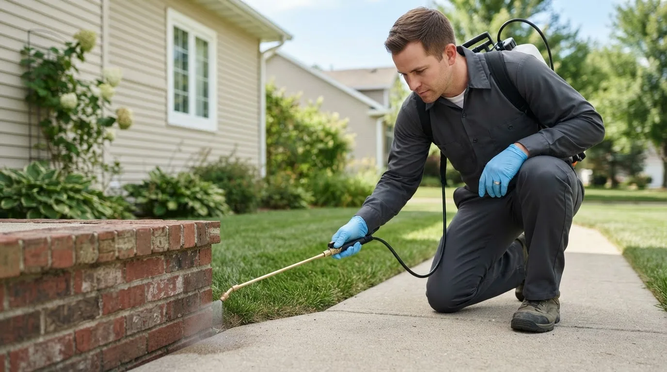 Pest control technician treating a home near Hermann, MO